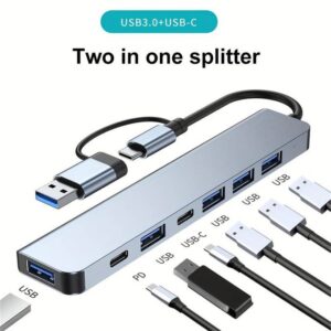 7 In 1 USB 3.0 Hub, Type-C2.0 Splitter, Adapter, Dual Head Docking Station