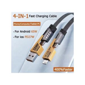 Amaya 4-in-1 USB Charging Cable – 65W Super Fast Charger IPhone, IPad, MacBook, Android, Samsung Compatible Durable & Tangle-Free – Black